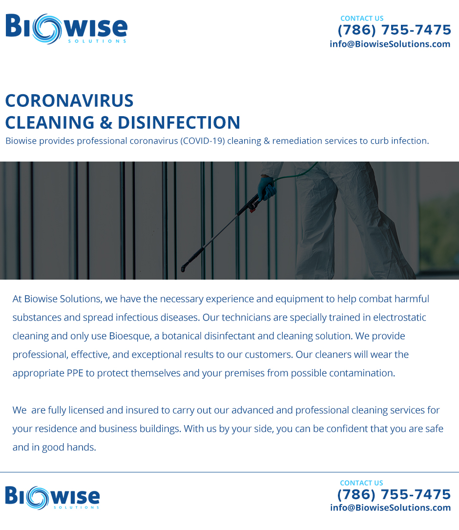 Biowise Solutions provides coronavirus (COVID-19) cleaning & remediation sergices to curb infection.